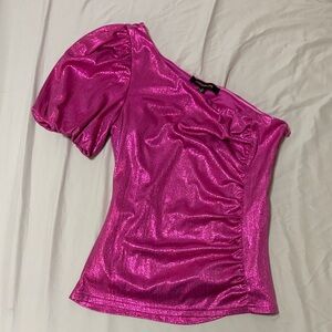 Sugarlips Metallic Hot Pink One-Shoulder Puff Sleeve Crop Top